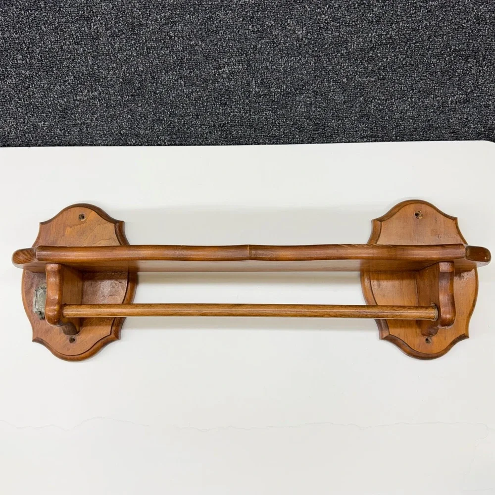 Vintage Wooden Wall Shelf with Towel Bar and Hook Brown Rustic Home Decor 23in